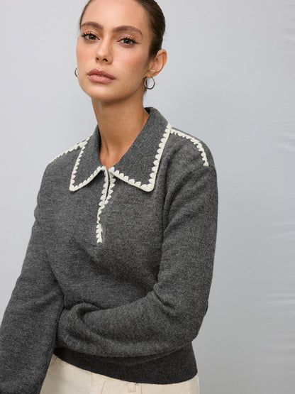 Contrast Embroidered Trim Polo Sweater