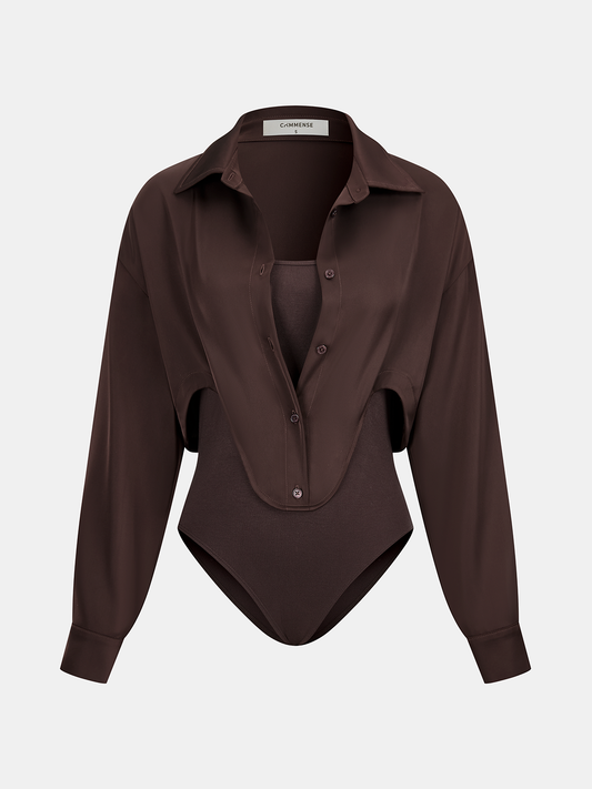 2 in 1 Satin Shirt Panel Bodysuit