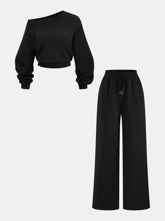 Off-Shoulder Sweatshirt & Drawstring Pants Set