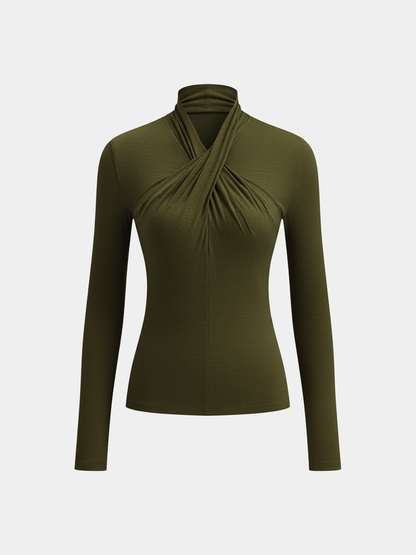 Cross Neck Long Sleeve Knit T-Shirt