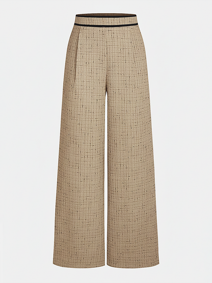 Contrast Waistband Tweed Wide-Leg Pants