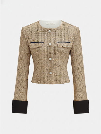 Contrast Cuff Pearl Button Tweed Jacket