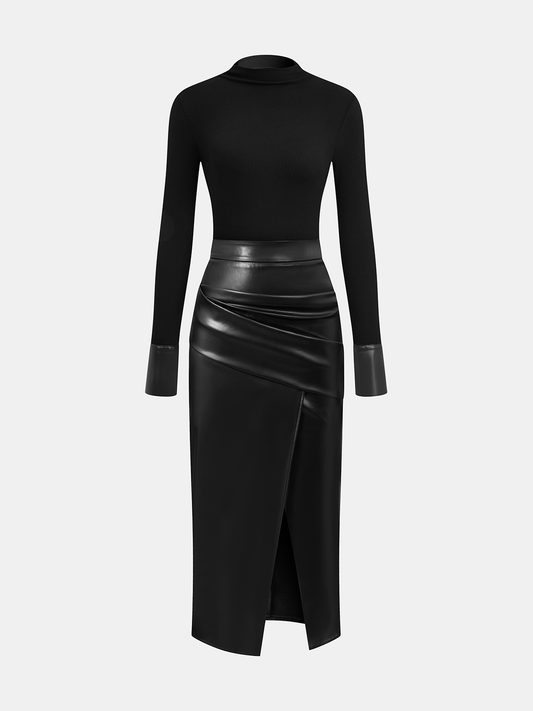 Knit Top & Faux Leather Ruched Skirt Set