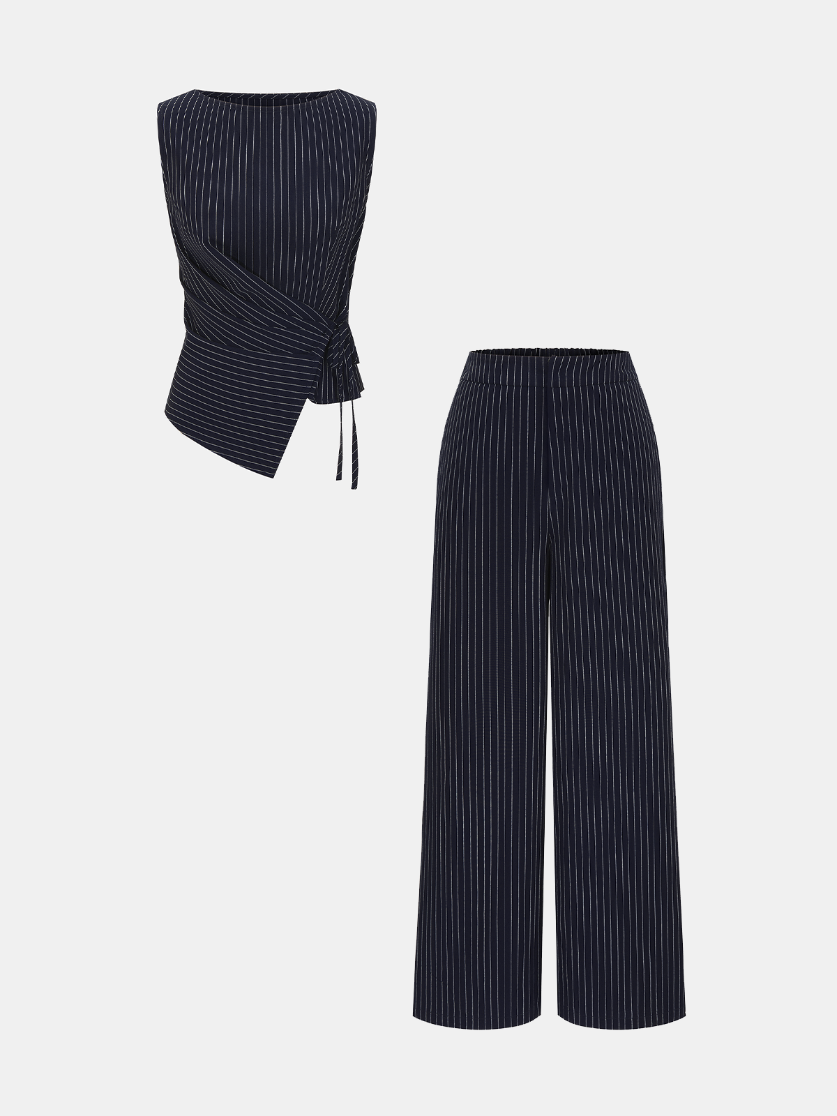 Pinstripe Wrap Top & Wide-Leg Pants Set
