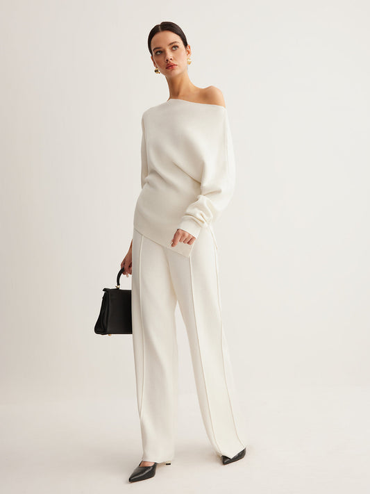 Wool-Blend Asymmetric Sweater & Wide-Leg Pants Set