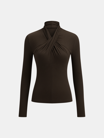 Cross Neck Long Sleeve Knit T-Shirt