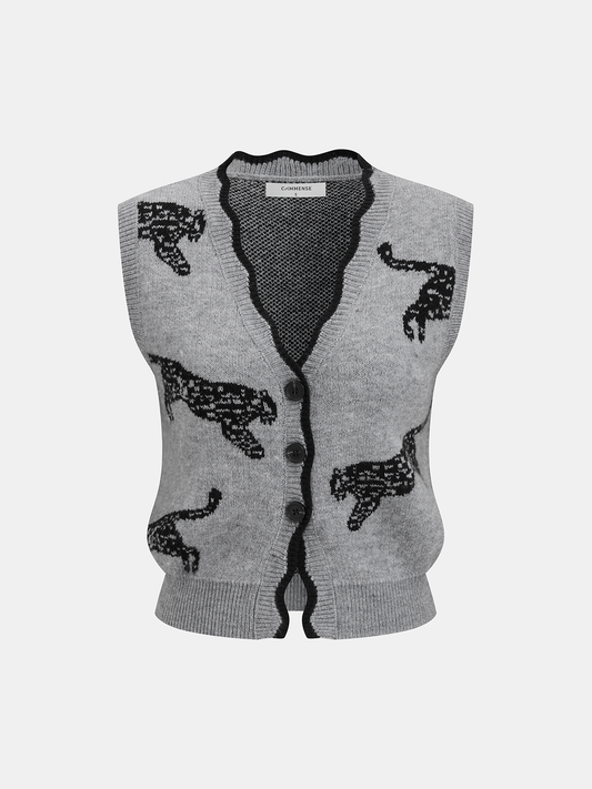 Panther Pattern Contrast Trim Knit Vest