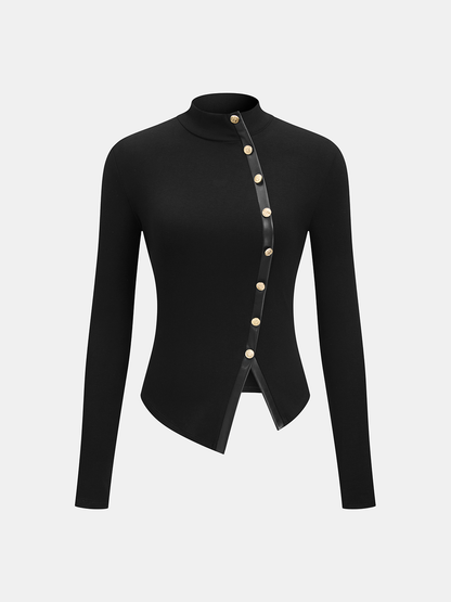 Asymmetric Faux Leather Panel Knit Top