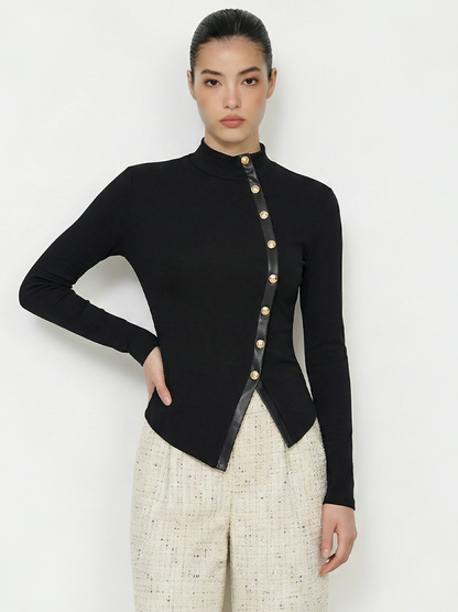 Asymmetric Faux Leather Panel Knit Top