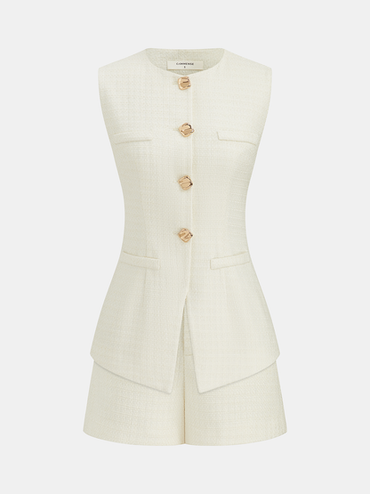 Metal Button Tweed Vest & Shorts Set