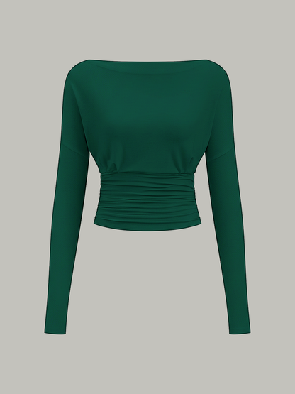 Semi-Sheer Ruched Waist Long-Sleeve Top