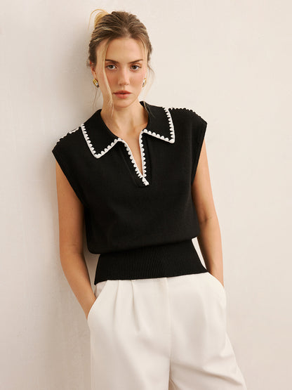 Contrast Trim Sleeveless Knit Polo Vest