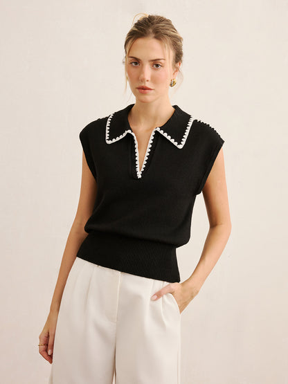 Contrast Trim Sleeveless Knit Polo Vest