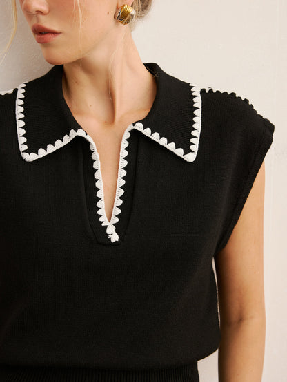 Contrast Trim Sleeveless Knit Polo Vest
