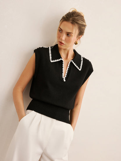 Contrast Trim Sleeveless Knit Polo Vest