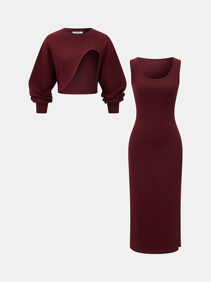 Cut-Out Cropped Sweatshirt & Bodycon Dress Set