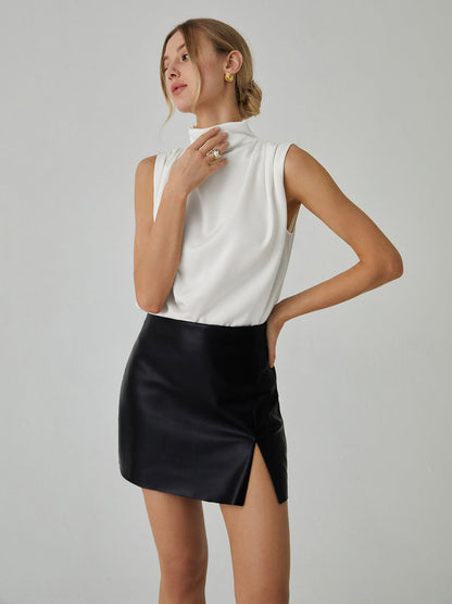 Pleated High Neck Sleeveless Blouse