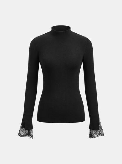 Mock Neck Lace Cuff Knit Top