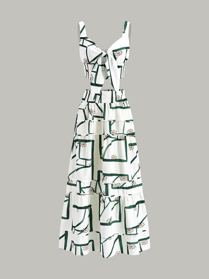 Front Tie Cami Top With Tiered Skirt Set