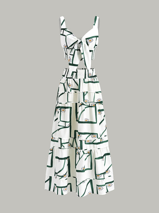 Front Tie Cami Top With Tiered Skirt Set