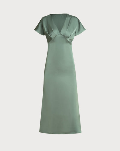 Green Satin V Neck A-Line Midi Dress
