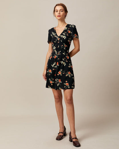 The Black V Neck Floral Button Up Mini Dress