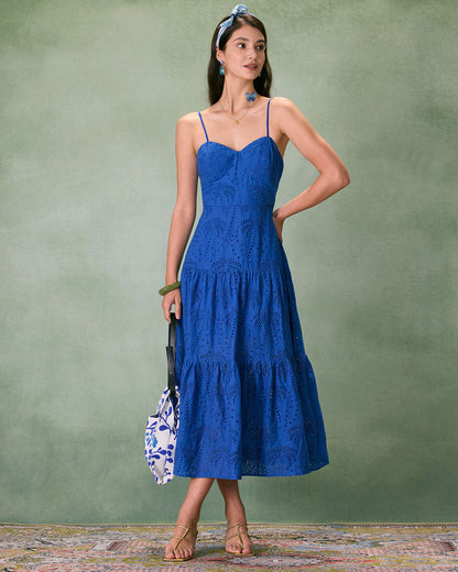 The Blue Sweetheart Neck Embroidery Slip Midi Dress