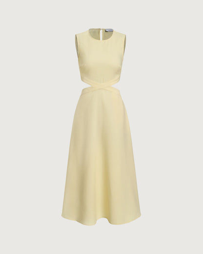 Yellow Round Neck Cut-Out Midi Dress