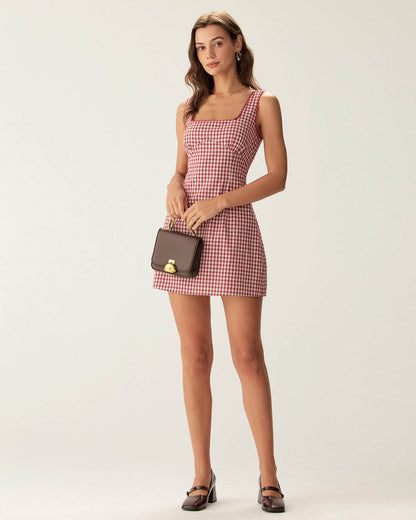 Red Gingham Square Neck Slip Mini Dress
