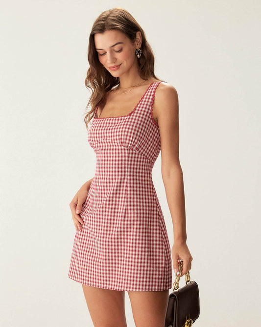 Red Gingham Square Neck Slip Mini Dress