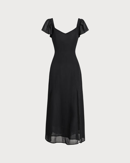 Black Sweetheart Neck Chiffon Maxi Dress