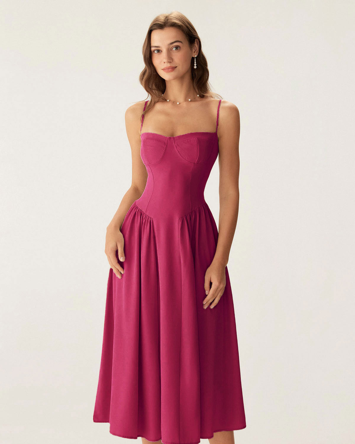 Wine Red Square Neck Pocket Slip Midi Dress