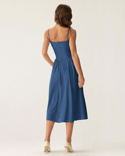 Navy Square Neck Pocket Slip Midi Dress