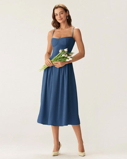 Navy Square Neck Pocket Slip Midi Dress