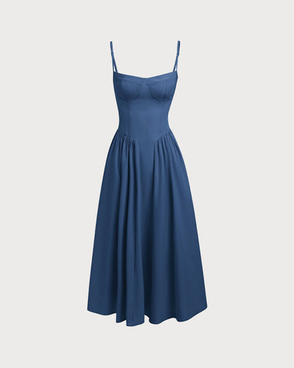Navy Square Neck Pocket Slip Midi Dress