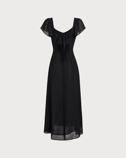 Black Sweetheart Neck Chiffon Maxi Dress