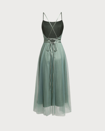 Green Mesh Flowy Slip Midi Dress