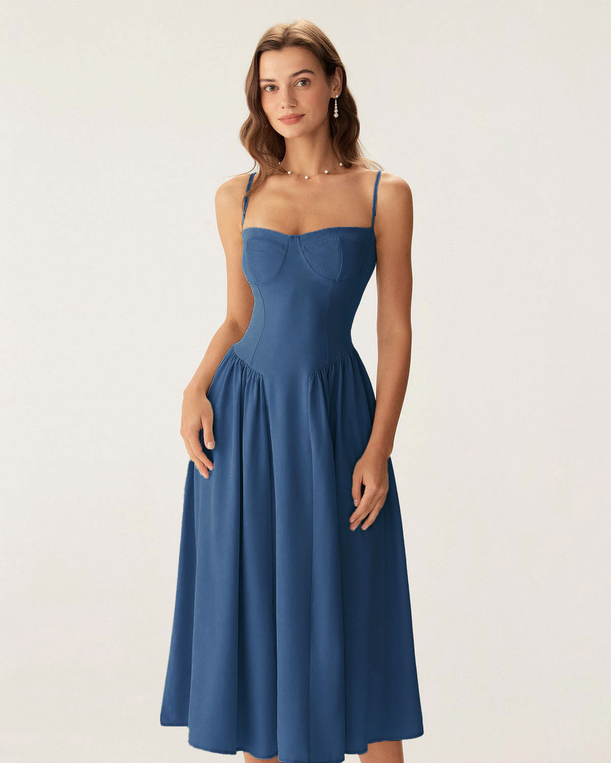 Navy Square Neck Pocket Slip Midi Dress