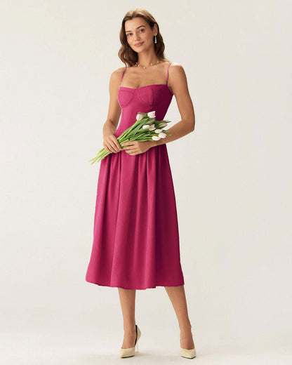 Wine Red Square Neck Pocket Slip Midi Dress