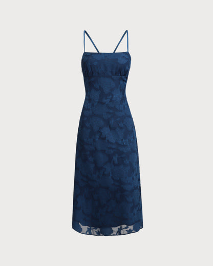 Navy Jacquard Slip Backless Maxi Dress