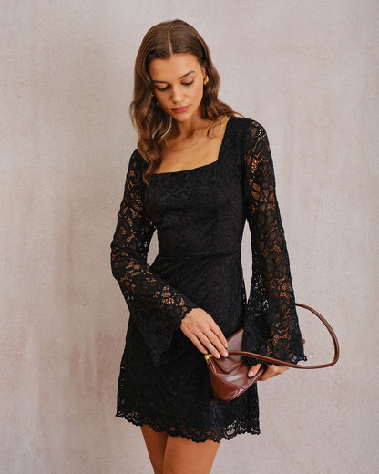 Black Lace Bell Sleeve A-Line Mini Dress