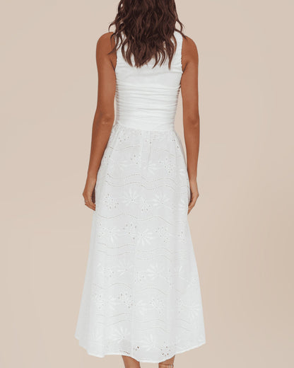 White Boat Neck Floral Maxi Dress