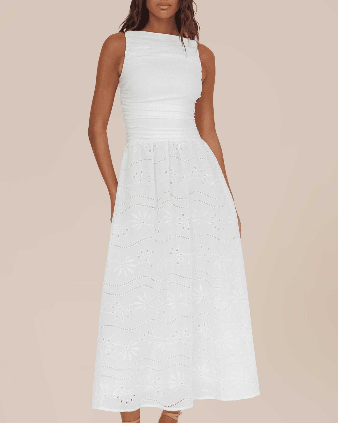 White Boat Neck Floral Maxi Dress