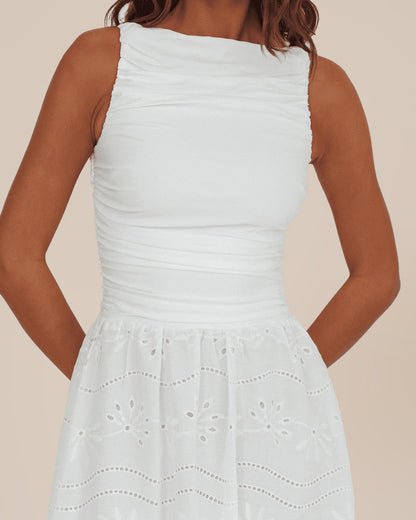 White Boat Neck Floral Maxi Dress