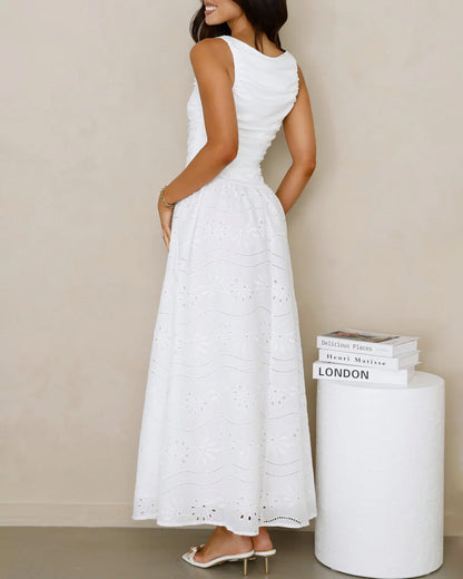 White Boat Neck Floral Maxi Dress