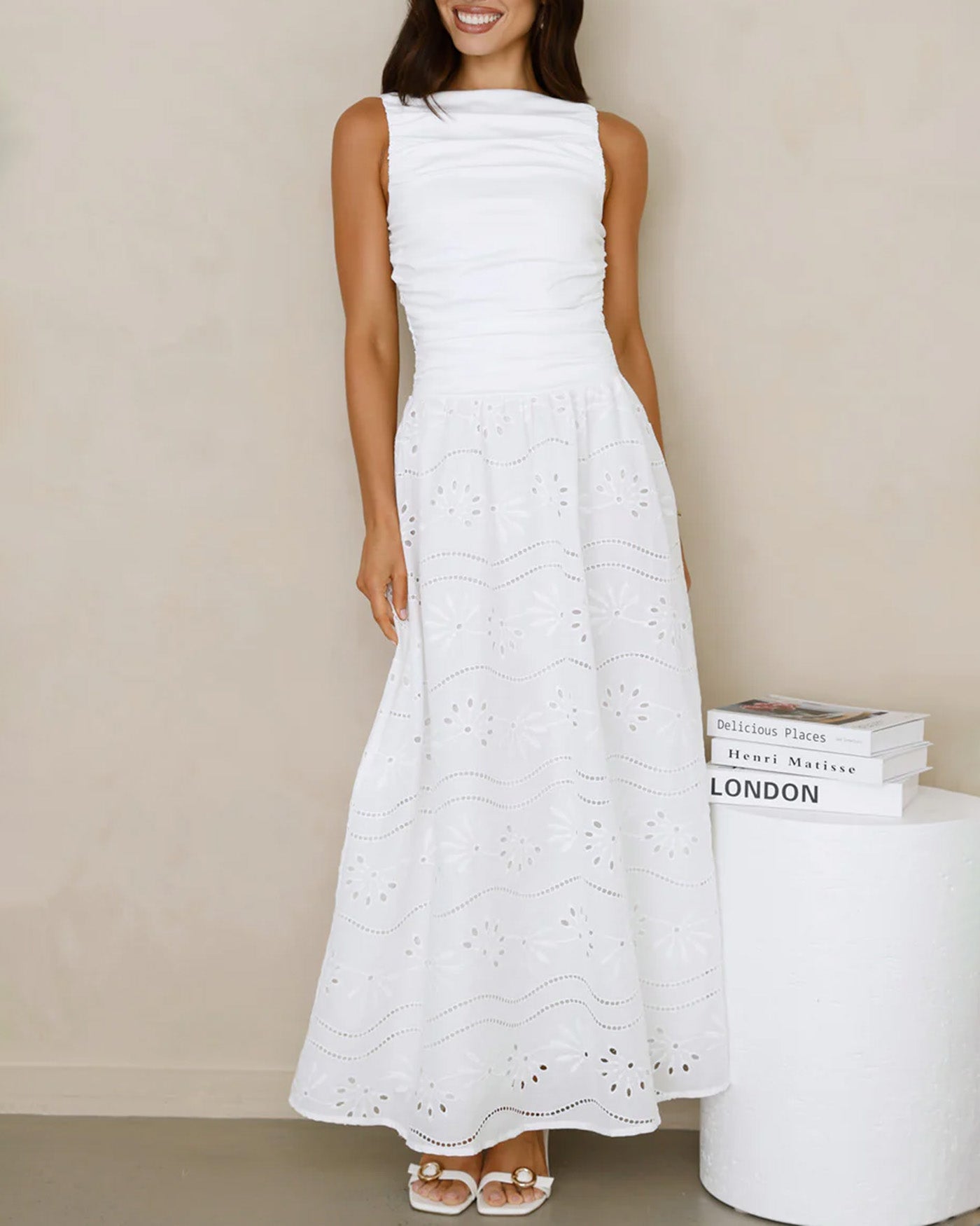 White Boat Neck Floral Maxi Dress