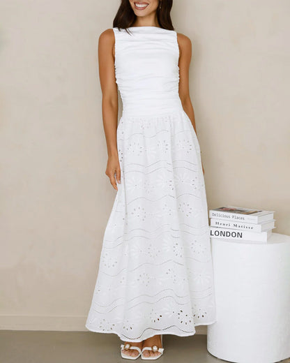 White Boat Neck Floral Maxi Dress