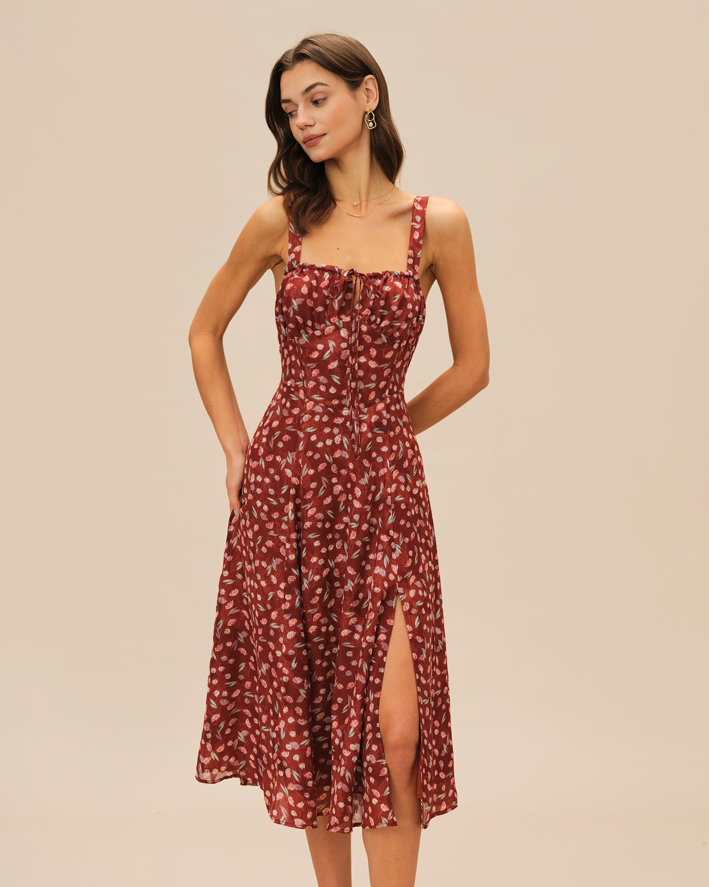 Wine Red Floral Slip Midi Dress