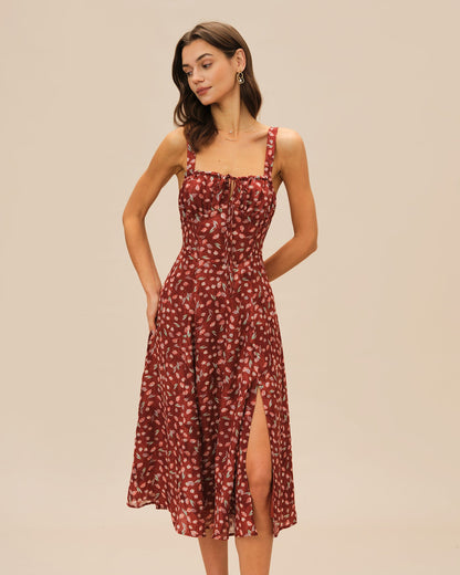 Wine Red Floral Slip Midi Dress