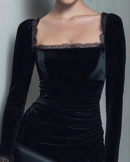 Black Square Neck Velour Mini Dress